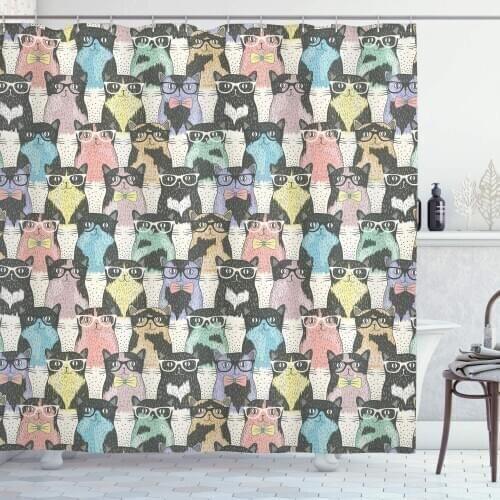 Charcoal Funny Cartoon Shower Curtain Theme Playful Hipster Cats Glasses Colorful Dotted Designed Print Bathroom Curtain