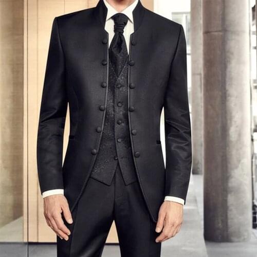 Black Mens Tunic Wedding Tuxedo for Groomsmen with Stand Collar 3 Piece Formal Business Male Suits Smoking Coat With Pants
