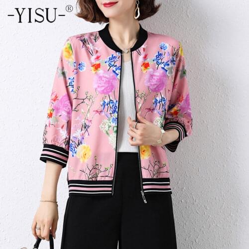 YISU New Female zipper cardigan Womens Jacket Spring tops Fashion Printing Long sleeves Baseball collar Coat Slim Short Jacket