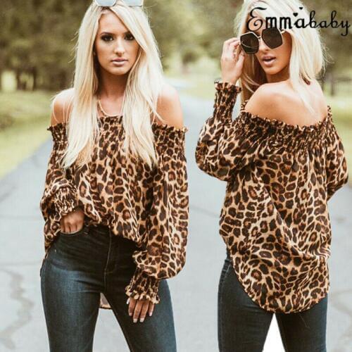 2019 Autumn Fashion Womens Off Shoulder Tops Long Sleeve Shirt Leopard Print Ruffles Sexy Loose Casual T-shirt