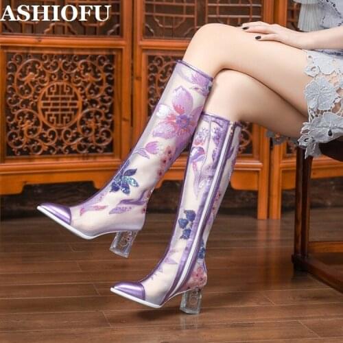 ASHIOFU Handmade 2020 Womens Spring&Summer Real Leather Boots Embroidered Mesh Crystal Heel Knee Boots Fashion Sexy Boots Shoes