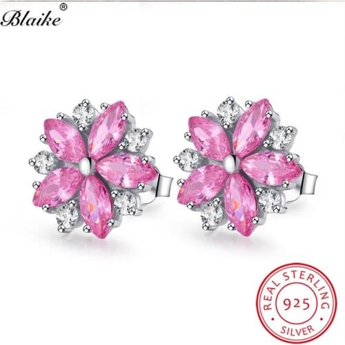 Blaike Elegant Pink/Purple Cherry Flower Stud Earrings Real 925 Sterling Silver Zircon Snowflake Birthstone Earrings For Women
