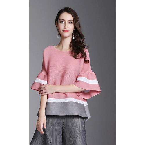 Arrival Women Pleated Office Lady Autumn Casual Striped O-neck Flare Sleeve Pullover Shirts