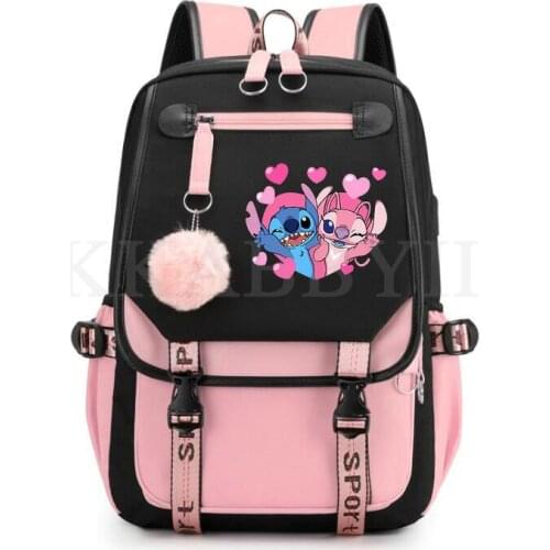 Stitch Laptop Women Backpack External USB Charge Computer Backpacks Waterproof School Bag for Teenage Girls