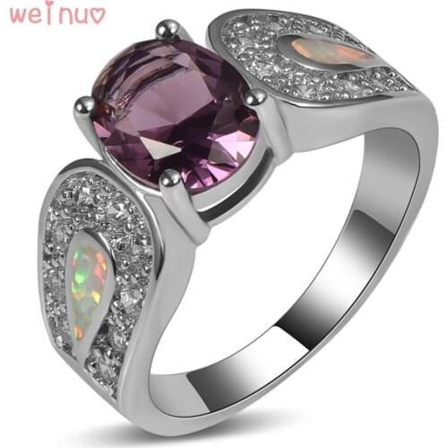 Weinuo Oval Purple Crystal White Opal White Crystal 925 Sterling Silver Top Quality Jewelry Wedding Ring Size 5 6 7 8 9 10 11