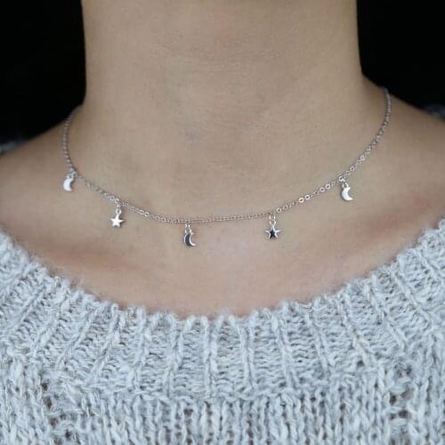100% 925 sterling silver fine jewelry multi moon star drop charm necklace women cute gir delicate wedding party gift wholesale
