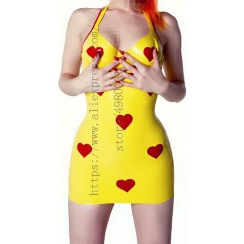 Sweety style womens halter design yellow slim summer latex dress bondage with hearts patterns decorations