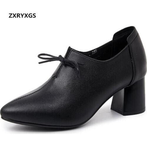 ZXRYXGS Pointed Soft Genuine Leather Shoes Woman Shoes High Heels 2020 New Lace-up Deep Mouth Women High Heel Shoes Plus Size