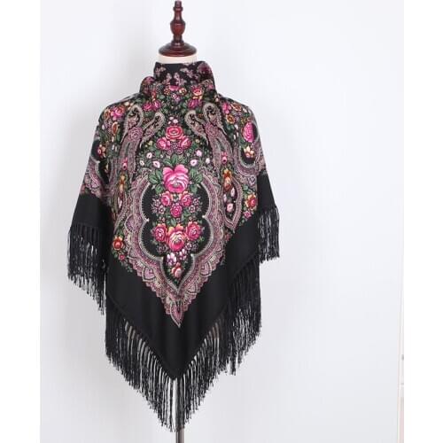140*140cm Women National Wind Big Square Scarf Russian Ukraine Ladies Floral Cotton Headscarf Retro Fringed Hijab Head Wraps