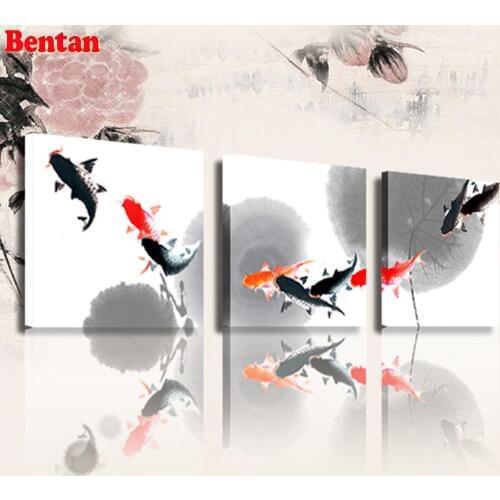 5d Diy diamond embroidery Chinese koi fish picture diamond painting cross stitch animals full square round drill decor 3 pcs/set