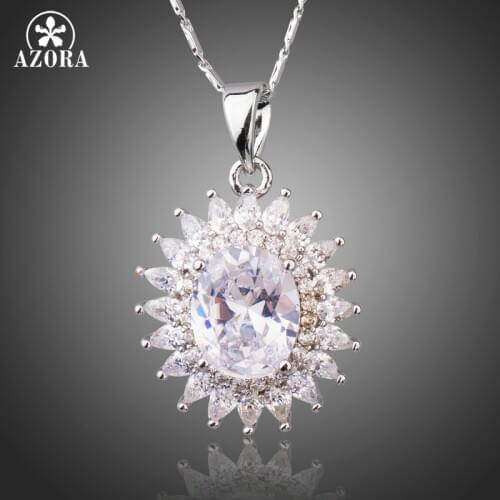 AZORA Silver Color Elegent Simple Design Full Clear Cubic Zirconia Sunflower Pendant Necklace TN0201