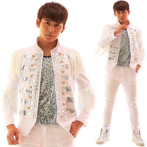 White men suits designs tassel diamond stage costumes for singers men sequin blazer dance clothes jacket star style dress punk