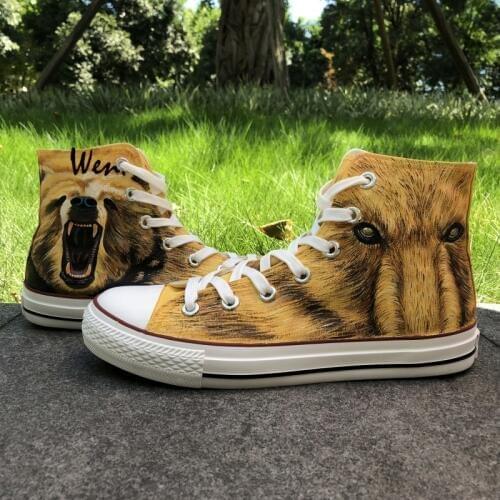 Wen Design Custom Mens Hand Painted Shoes Grizzly Bear High Top Boys Mans Canvas Sneakers for Birthday Christmas Gifts