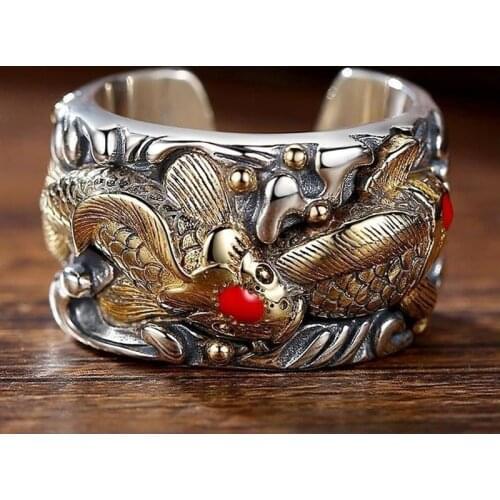 New Retro Fortune Pawn Lucky Fish Koi Mens Open Ring Fashion Personality Domineering Jewelry Accessories