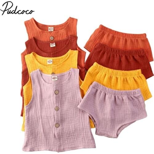 Baby Girls Shirt Shorts Set Infants Clothes 2-Piece Sleeveless Round Collar Solid Color Summer
