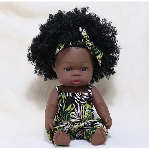 35cm African Reborn Baby Doll Long Curl Hair Baby Doll Summer Dress Full Silicone Black Reborn Bebe Toys Doll Gift