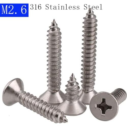 M2.6 316 Stainless Steel Phillips Cross Countersunk Head Tapping Screws Flat screws bolts DIN 7982 ISO 7050