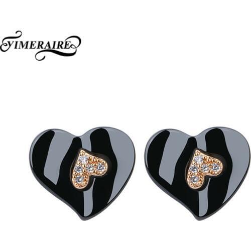 Fashion 585 Rose Gold Heart Stud Earrings With Smooth Black Ceramic For Women Shining Rhinestone Engagement Party Jewelry Gifts