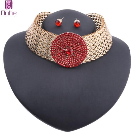 Fashion Rhinestone Statement Pendants Necklace Jewelry Crystal Necklace Earring Women Party Accessories Jewelry Set