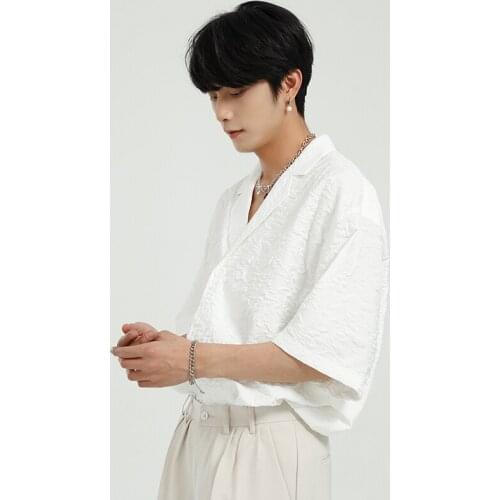 Mens Clothing Summer New 2021 Fashion Short Sleeve Oversize Shirts Korean Trend Personalized Design Loose Solid Color Tops