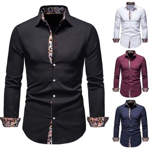 Mens Shirt Long Sleeve Turn Down Collar Patchwork Cardigan Shirt with Print Casual Single-Breasted Buckle Tops