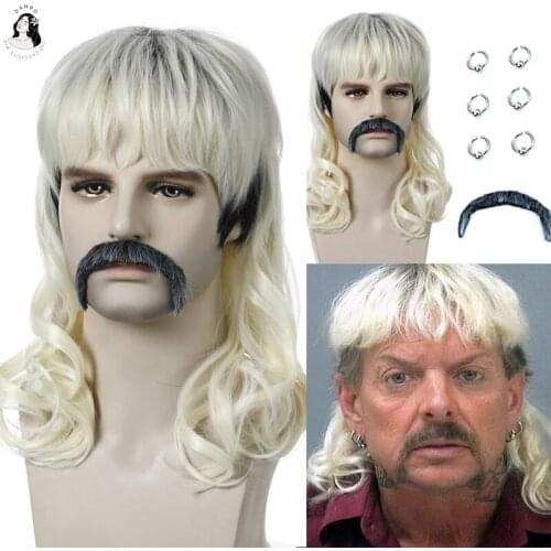 DAN BO Mens Wig Cap Gold Black Curly Hair Heat-resistant Synthetic Wig Beard Earrings Wig Cap