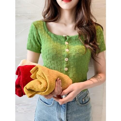 Soft & Comfortable Fashion Wild Short sleeved Knitted Tee Shirt Button Bottoming Shirt Square Collar Womens Tops