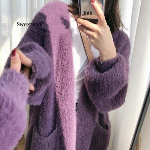 Autumn Winter New Solid Color Mink-like Cardigan for Women Womens Korean-Style Loose Oversized Sweater Korean Sweater