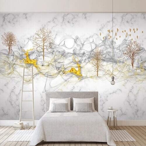 Custom 3D Photo Wallpaper Abstract Smoke Forest Elk White Marble Pattern Waterproof Wall Mural Wallpapers Home Decor Living Room