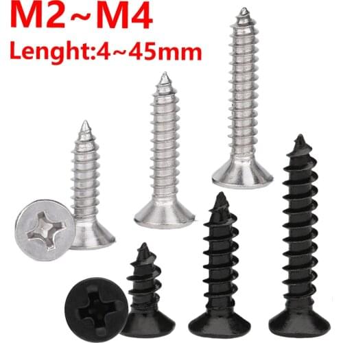 M2M2.2 M2.3M2.6 M3 M4 Cross Flat Head Self Tapping Wood Screw Metric Thread Countersunk Phillips Bolt Black Steel Nickel Plated