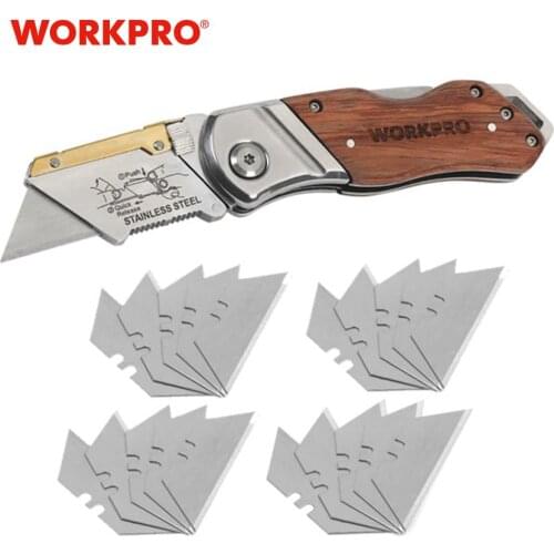 WORKPRO Utility Knife Folding Knife Pipe Cutter Pocket Knife Wood Handle Knife With 20PCS Blades