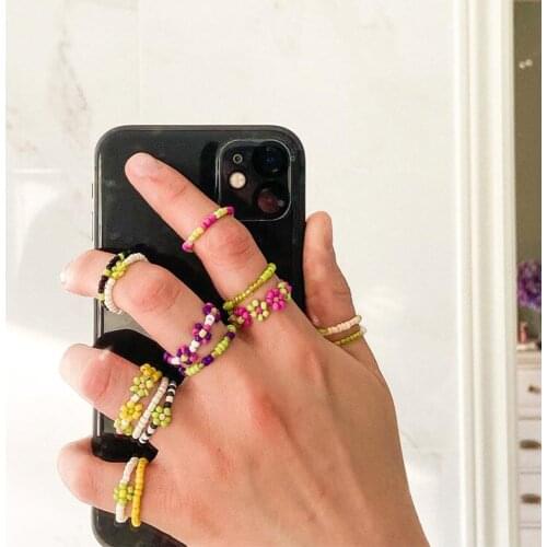 Bohemian Candy Rainbow Colored Beaded Flower Ring Ancient Ways Sweet Girl Students Elastic Index Finger Ring Women Jewelry Gifts