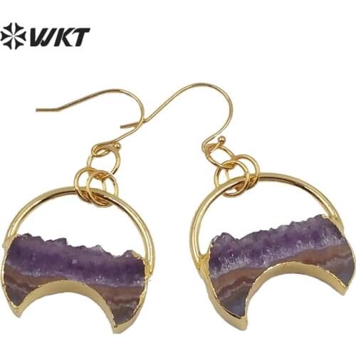 WT-E610 2020 Newest Design natural stone earring purple stone with gold trim earring crescent earring woman fashion earring