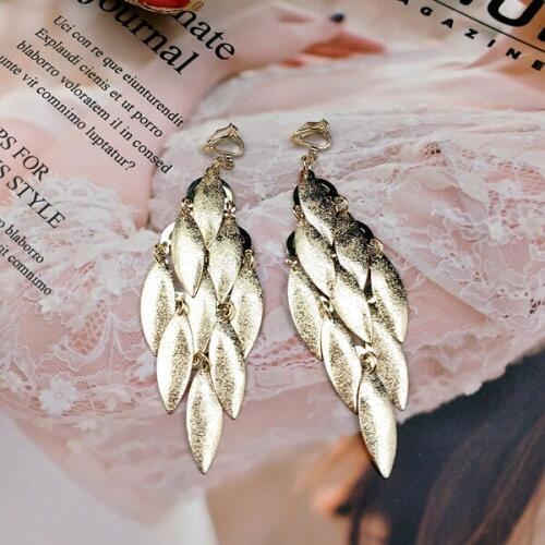 Vintage Statement Leaf Tassel Earrings Long Earrings Non Pierced Ear Clip on Earrings Women Ear Cuff Party Jewelry