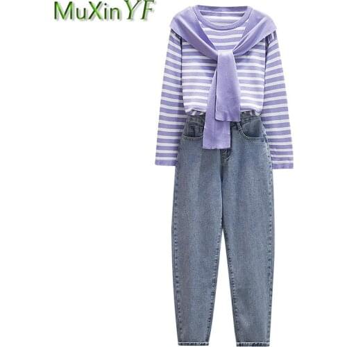 Womens Casual Fashion Two Pieces Set 2021 Autumn O-Neck Full Sleeve Stripe Tops Denim Pants Suit Lady Leisure Loose Jeans