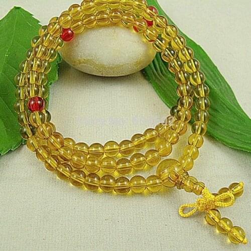 6mm Tibetan Buddhism 108 Yellow Synthetic Crystal Prayer Bead Mala Necklack
