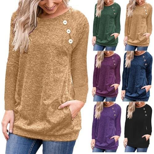80% New Arrival!!! Women Solid Color Long Sleeve Crew Neck Button Casual Pullover Blouse Knitwear