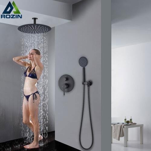 Black Ceiling Mounted Shower Faucet Set In Wall Concealed Shower System Bathroom Shower Mixer Tap Stainless Steel Rainfall Head