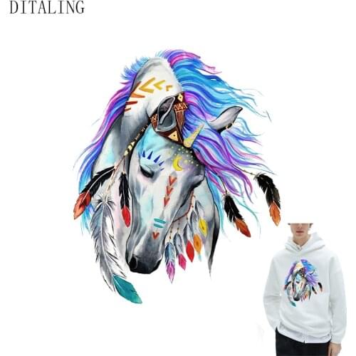 Colorful Feather Horse Patch For Clothing Iron-On Transfer For Men Women T-Shirt Jeans DIY Washable Patch Heat Transfer Stickers