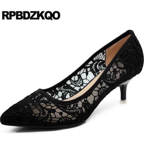 Cheap Discount Mesh Black Size 4 34 Pointed Toe 2017 Ladies Kitten Heels Shoes High Thin Lace Pumps Medium Flower Spring New