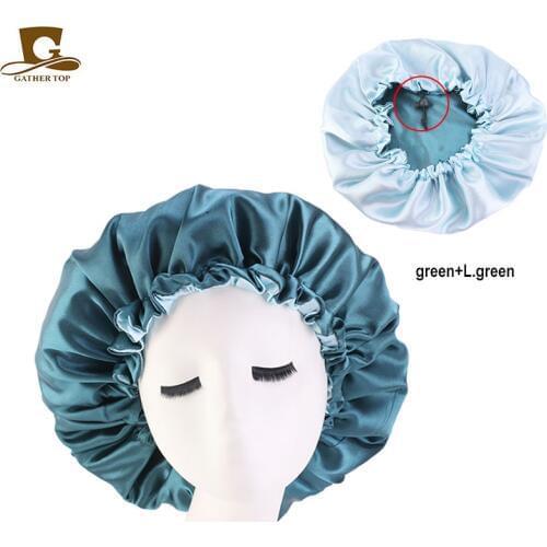 New Reversible Satin Bonnet double layer adjustable size Sleep Night Cap Head Cover Bonnet Hat for For Curly Springy Hair Black