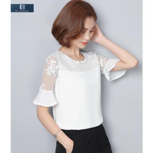 [EL BARCO] New Summer Lace Women Chiffon Blouse Shirt Short Butterfly Sleeve Floral Mesh White Female Fashion Top Clothes Blusas