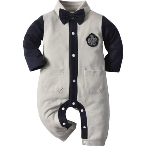 FOCUSNORM Gentlemen Infant Kids Boys Bowknot Neck Black Patchwork Long Sleeve Single Breasted Preppy Style 3-18M Rompers Outfits