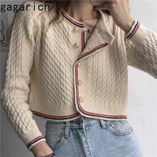 Gagarich Woman Cardigan 2021 Autumn New Ins Vintage O-neck Single Breast Color Contrast Long Sleeves Female Knitting Coat Tide