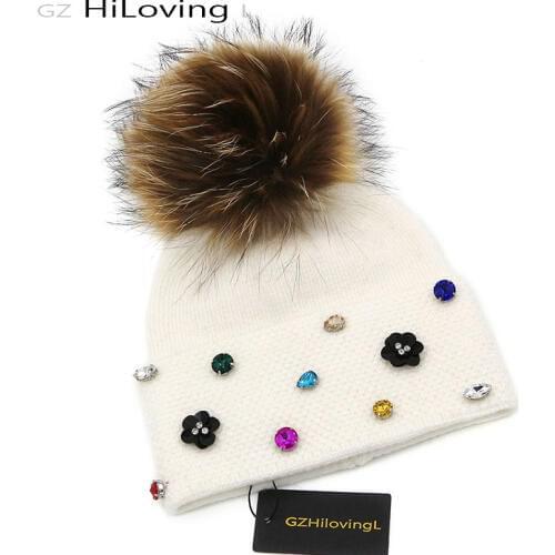 GZhilovingL Winter Hat For Women Fur Pompom Hat Soft Warm Wool Knitted Hat Fashion Hat Diamond Flower Winter Girls Skullies Cap