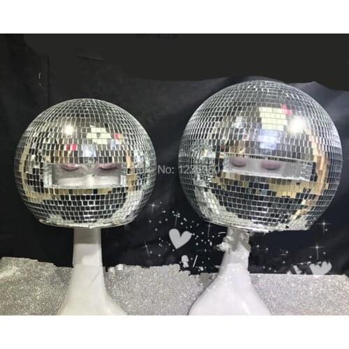 Ballroom dance costumes silver mirror stage show wears dj helmet party mirror headwear catwalk disco performance glass ball