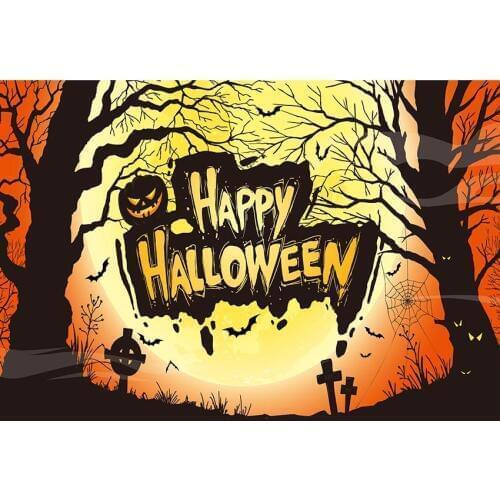 Red Night Sky With Big Yellow Moon Photography Background Magic Forest And Black Sepulchre Backdrop For Halloween Party Decor