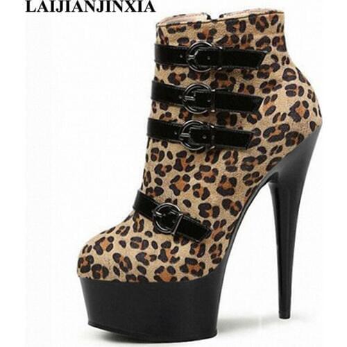 LAIJIANJINXIA Leopard Grain Women Pole Dance Shoes Sexy Night Club Party Dancing Shoes Platform 15cm High Heels Ankle Boots