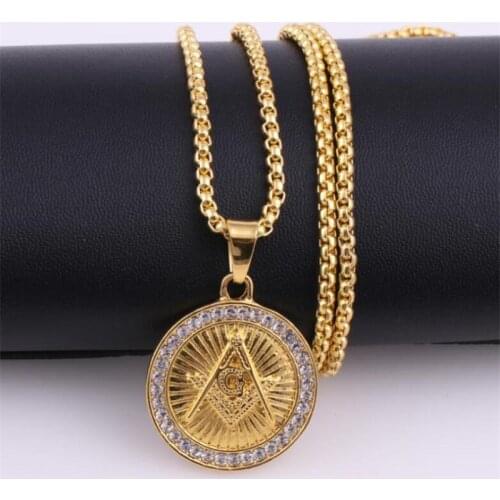 Men Hip-hop Street Personality Trend Punk Style Gold Freemason Compass G Round Pendant Necklace