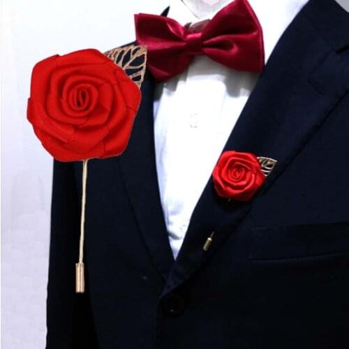 New 20Pcs/Lot Best Man Groom Boutonniere Silk Satin Rose Flower men buttonhole Wedding Party Prom Man Suit Corsage Pin Brooch